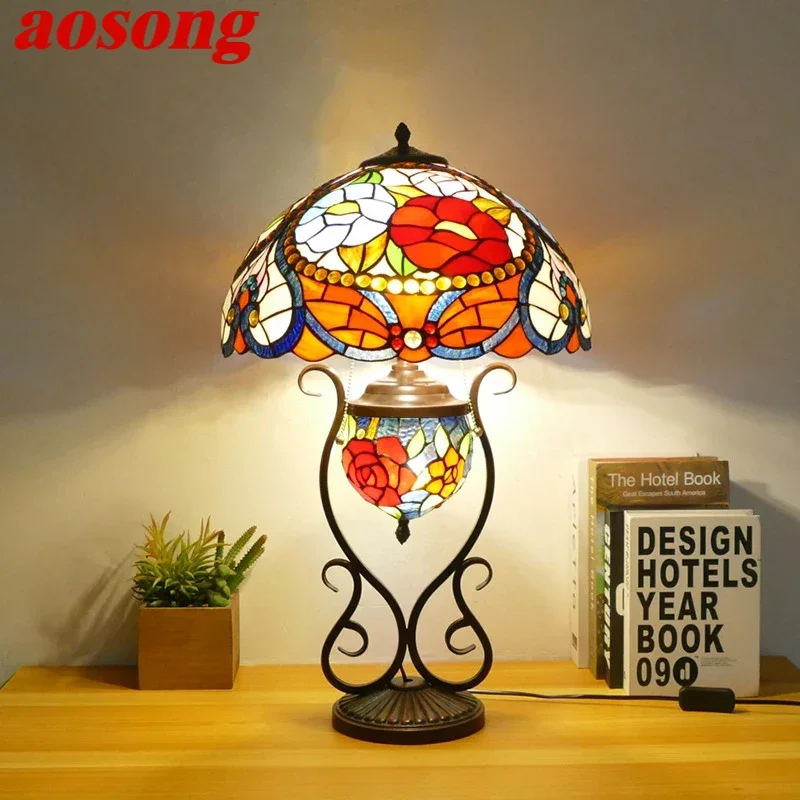 

AOSONG Tiffany Table Lamp American Retro Living Room Bedroom Lamp Luxurious Villa Hotel Stained Glass Desk Lamp