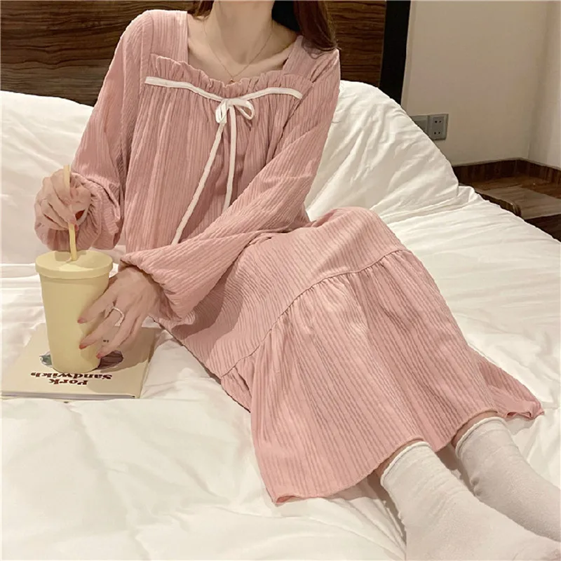 Large Size Women Dress Roomwear Autumn Nightgowns Princess Style Vintage Nightdress Loose Sleepwear Sweet Home Clothes Cozy