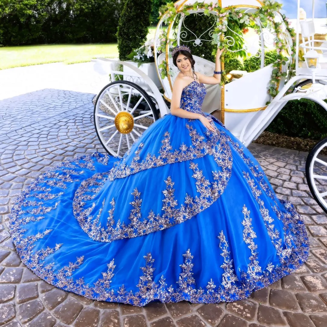 

Royal Blue Quinceanera Dresses Sweetheart Tulle Appliques Mexican Sweet 16 Dress Birthday Party Prom Gowns Vestidos De 15 Años