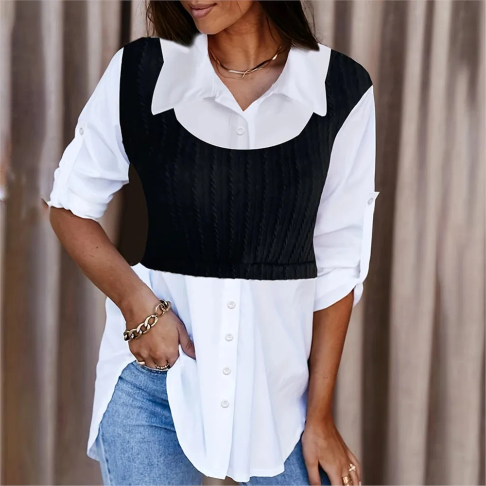 

Women Simple Design Fake Two-Piece Shirt Top 2024 Spring New Buttons Solid Casual Lapel Long Sleeve Black White Patchwork Blouse