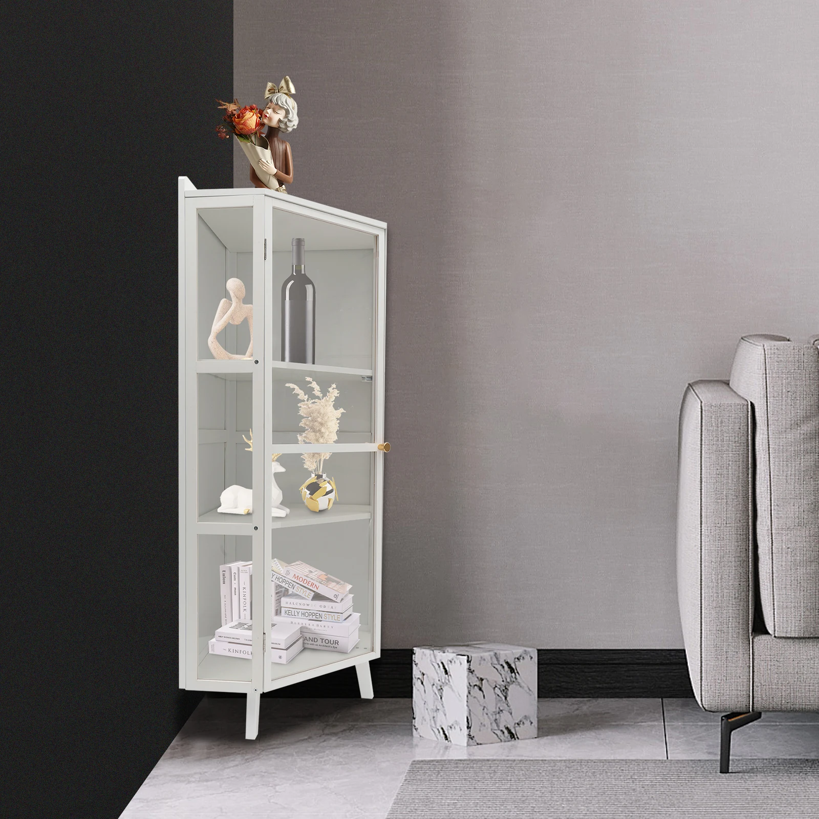 CNCEST Home Floor Corner Cabinet Display Storage Cabinet with Windowpane Glass Doors Home Space Saver Waterproof