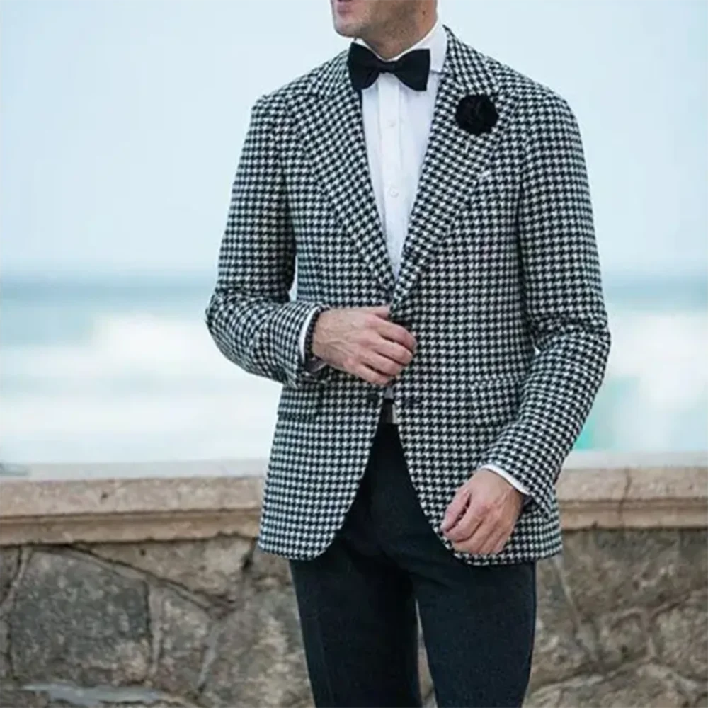 Black and White Checkered Jacket for Men Single Button One Piece Male Outerwear Smart Party Business Gentleman Coat