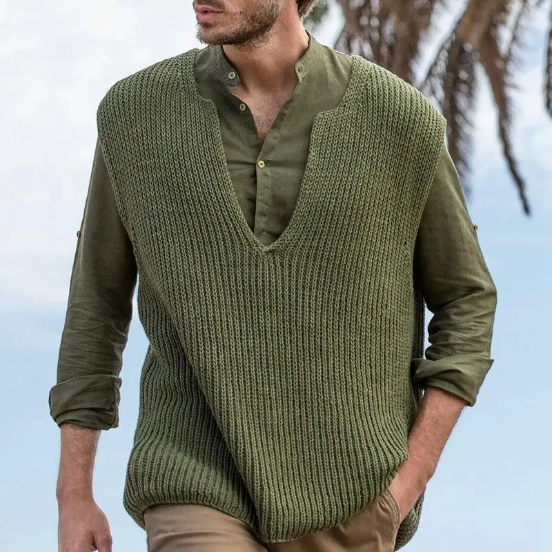 Hip Hop Trend American Street New Sleeveless Sweater Vest Men's Pure Green V-Neck Loose Casual Versatile Warm Knitted Tank Top spring new korean fashion knitted cardigan sleeveless tank men panelled print v neck button pocket casual warm vest sweater top