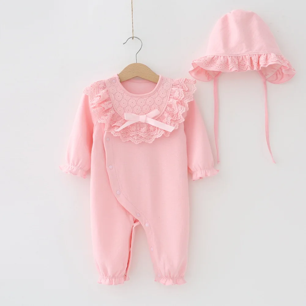 Spring Newborn Baby Girl Clothes Lace Flowers Princess Jumpsuit + Hats Infant Girls Bodysuits Onesie baby clothes cheap Baby Rompers