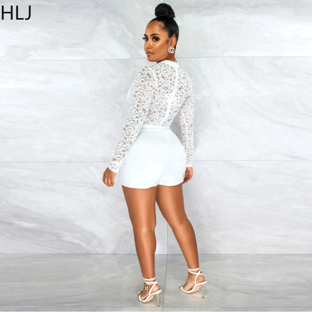 HLJ Fashion Lace Splicing Bodycon Rompers Women Round Neck Long Sleeve Slim Jumpsuits Female Solid Color Party Club Playsuits