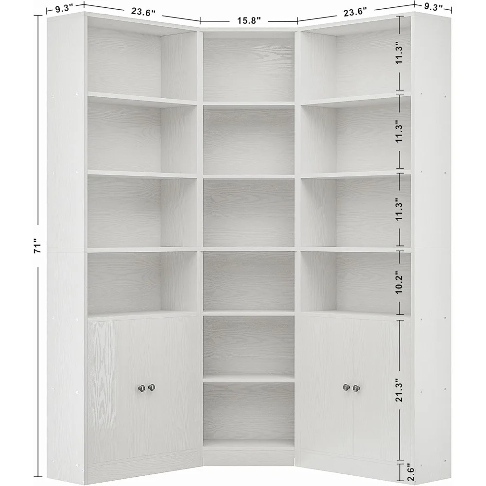 Corner Bookshelf and Bookcase with 2 Storage Cabinets and 7 Tier Adjustable Shelves, 71" Height Storage Shelves Corner Combinat 2