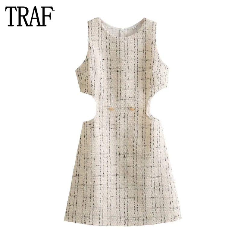

TRAF 2024 Plaid Tweed Dress Women Cut out Short Dresses for Woman Winter Sexy Mini Womens Dresses Sleeveless Party Female Dress