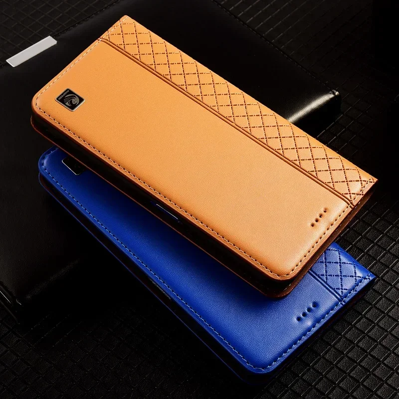 Luxury Cowhide Genuine Leather Wallet Flip Case with Napa Grid Magnetic Cover