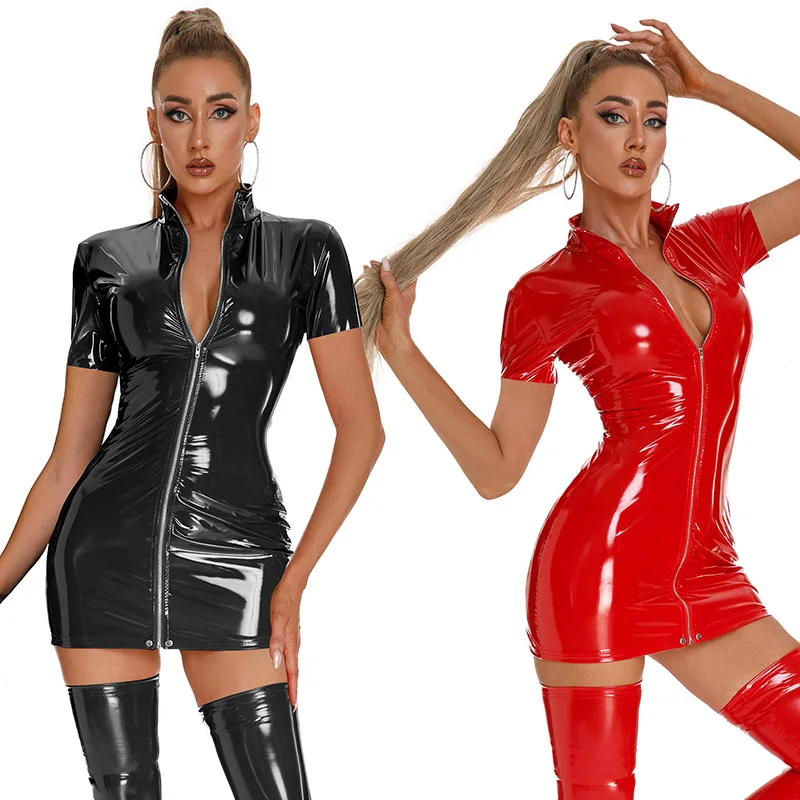 

3XL Sexy Women Dress Faux Leather Shorts Sleeve Zipper PVC Dresses Lingerie Party Clubwear Tight Slim Pornos Latex Dress Vestido
