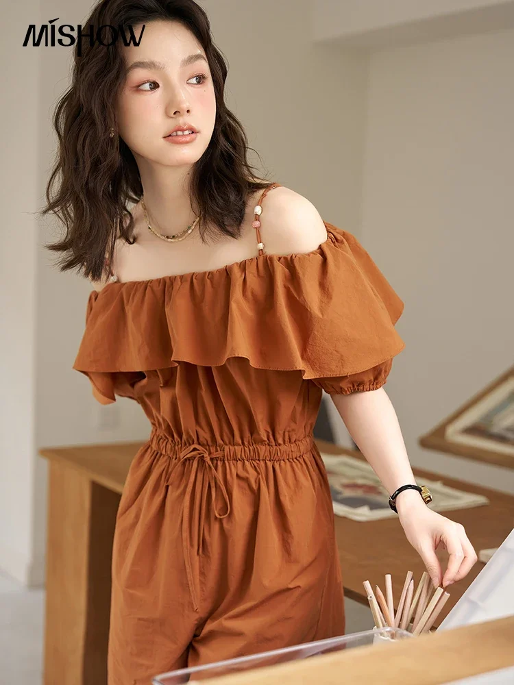 MISHOW 100 Cotton Off Shoulder Suspender Jumpsuit 2023 Summer Rompers&Playsuits Waist Drawstring Wide Leg Short Pants MXC38K0109