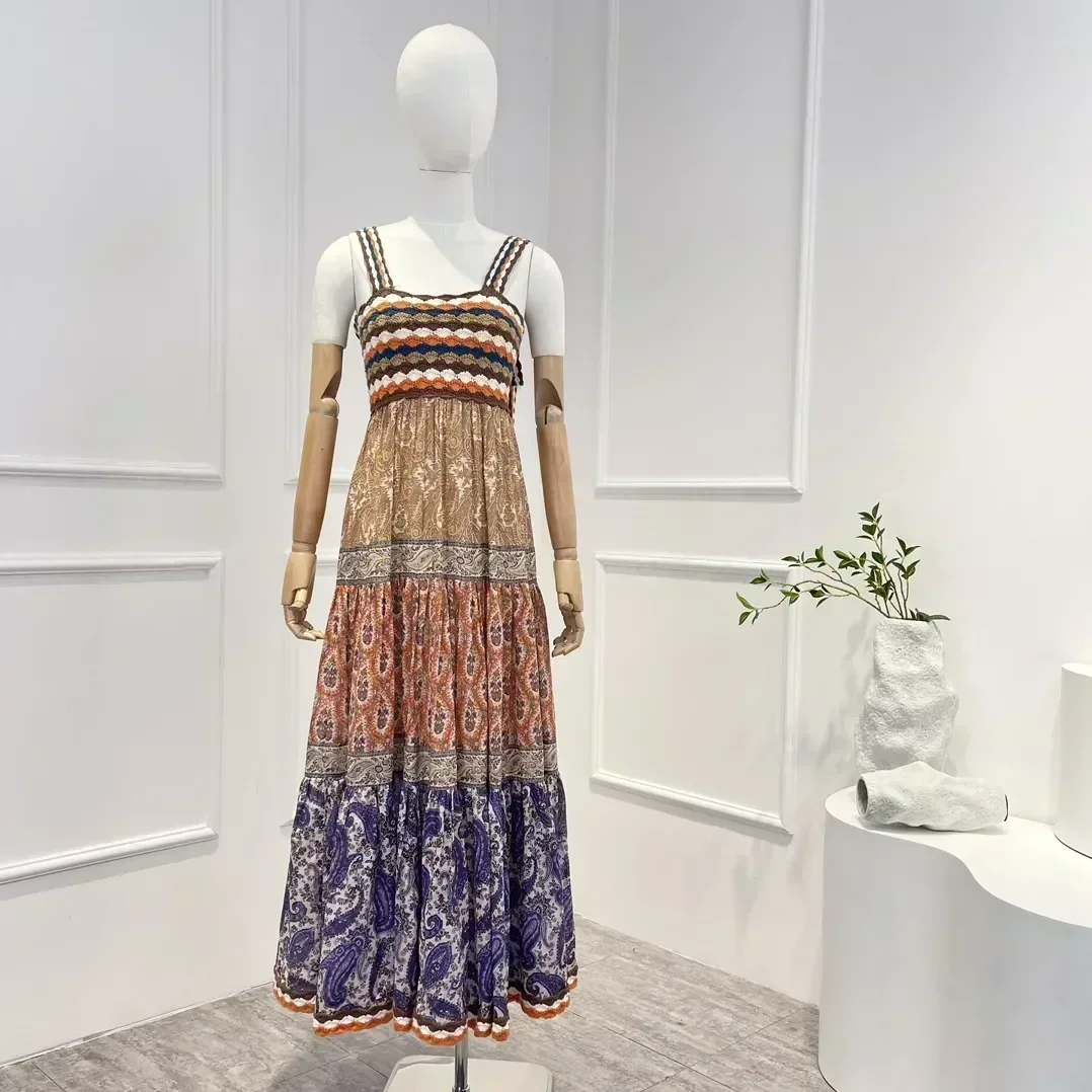 

2023 New Cotton Top Quality Spring Summer Vintage Braid Paisley Printing Sleeveless Bow Tie Frill Midi Dress for Woman