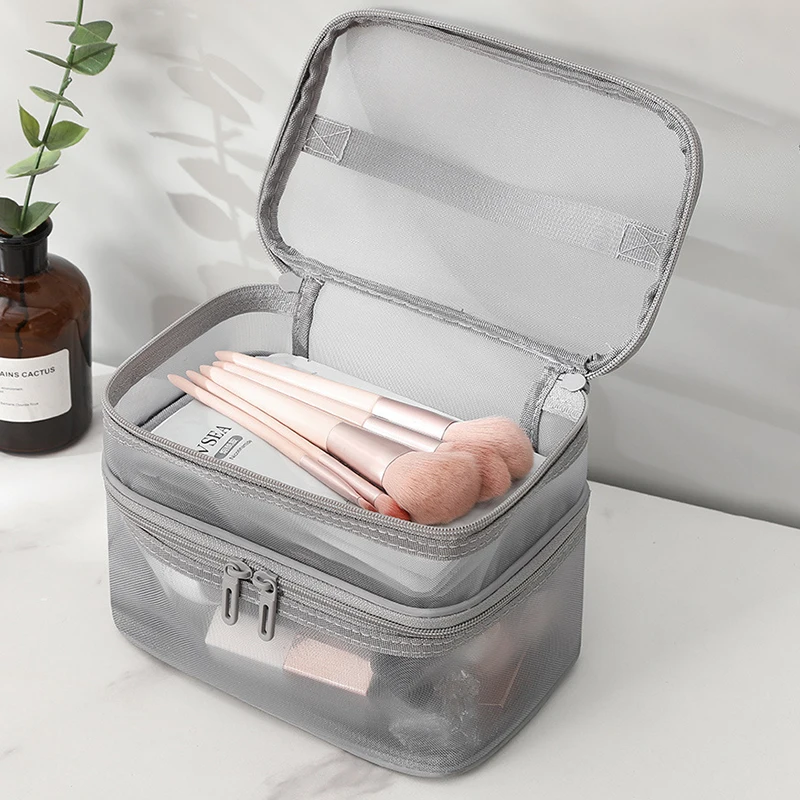 Double Layered Mesh Travel Makeup Bag Multifunctional Storage Case_voghion.com