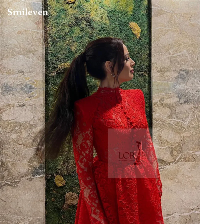 Smileven Lace Mini Red Cocktail Dress Long Sleeve High Neck vestidos de noche Sexy Formal Occasion Dresses Party Gowns