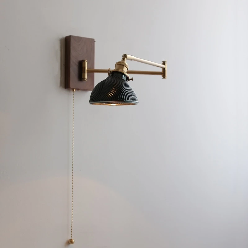 Iwhd Pull Chain Switch Led Applique Da Parete Apparecchi Braccio In Rame Sinistra Destra Ruota Paralume Up Down Vetro Verde Accanto Alla Lampada
