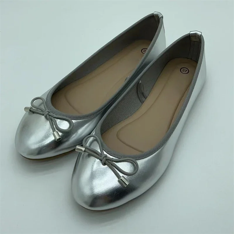 Eilyken Gold Silver Elegant Bowknot Round Toe Women's Flat Comfort Slip-On Ladies Ballerina Single Mules Shoes Zapatos Mujer 2