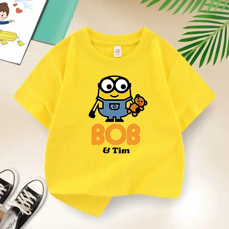 여름용 아동용 100% 면 티셔츠, 귀여운 미니언즈 프린트, 남아 및 여아 모두에..