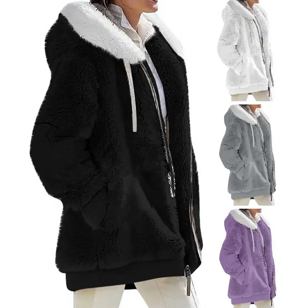 Women Jacket Cozy Hooded Plush Winter Coat for Women Windproof Zipper Closure Jacket with Side Pockets Stylish for Weather 5