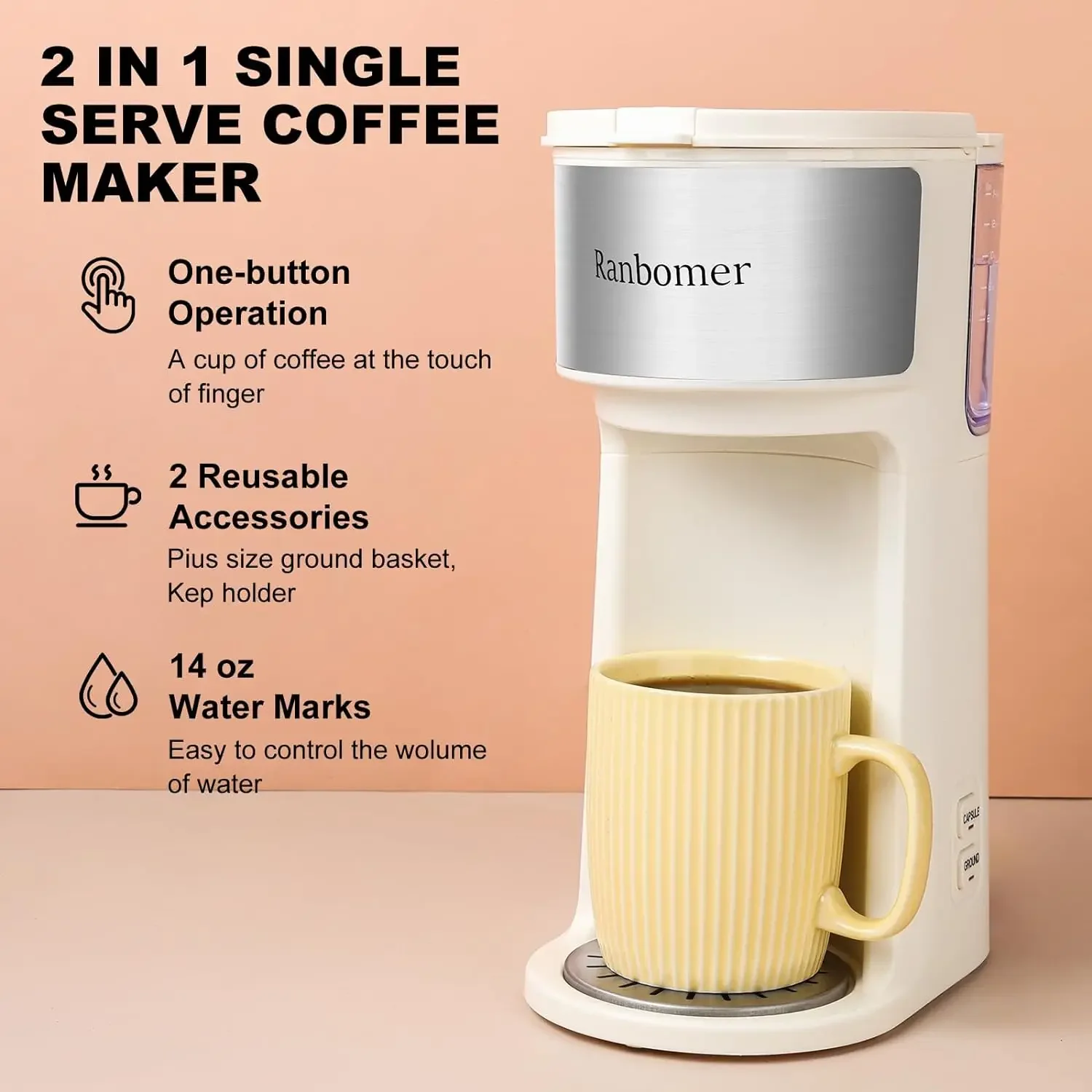 Single Serve Coffee Maker, K Cup and Ground Coffee Machine 2 in 1, 6 to 14 Oz Brew Sizes, Mini One Cup Maker (White)