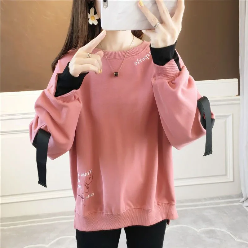 New Spring and Autumn Fashion Trend Fake Two Piece Round Neck Loose Versatile Western Style Slim Women's Long Sleeve Sweater