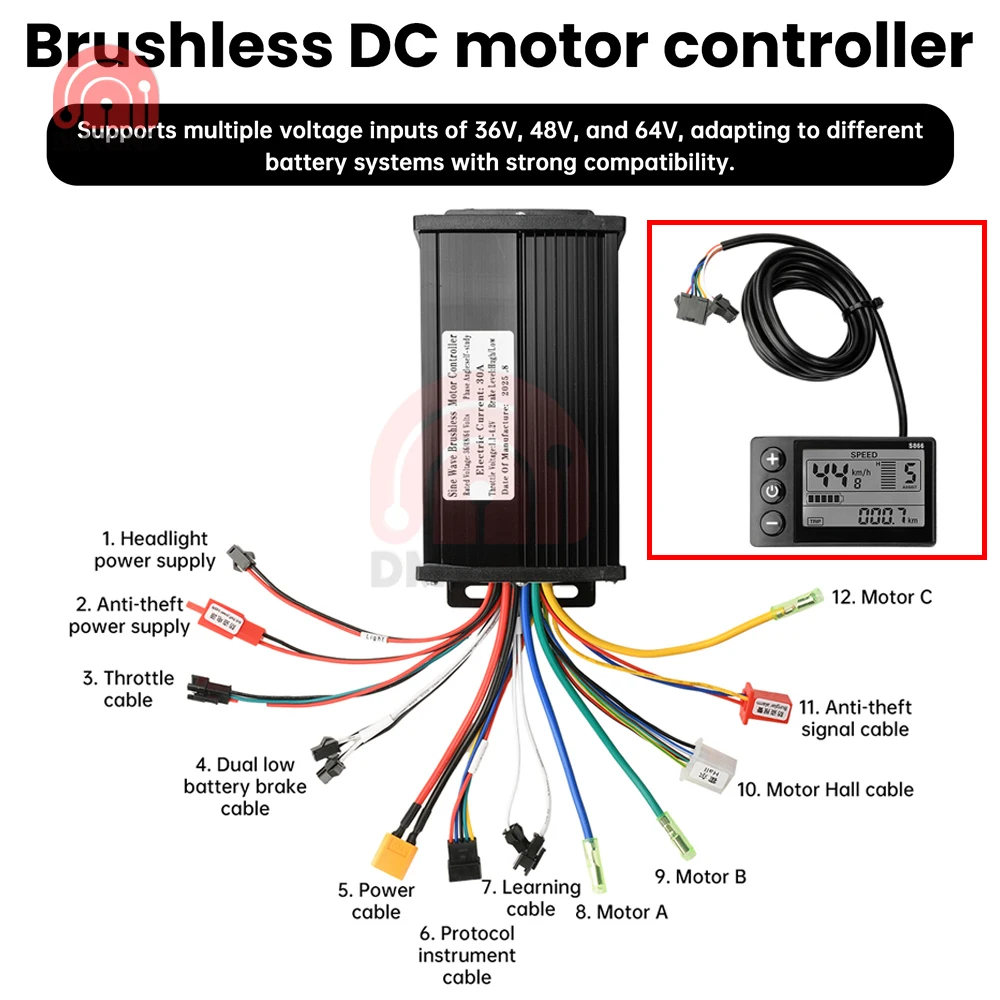 1500W 36V/48V/64V E-Bike Controller Display LCD a onda sinusoidale per S866 SW900 890 V888 Kit motore brushless per scooter Ebike impermeabile - immagine 2