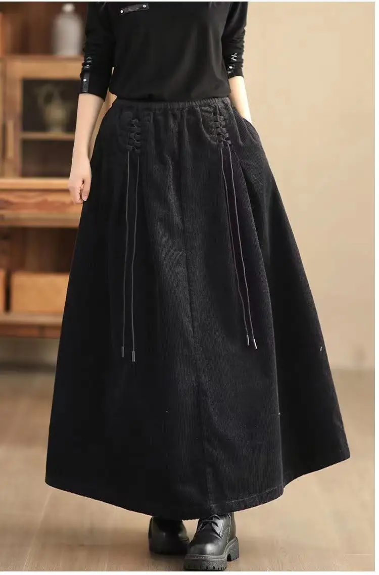 YZJNH 2024 Autumn New Half length Skirt Women's Loose Corduroy Half length Skirt Women's Elastic Waist Big Hem Velvet Long Skirt 2
