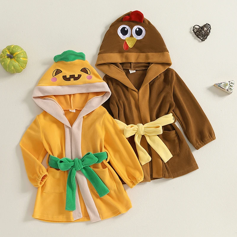 Suefunskry Kids Boy Girl Halloween Bathrobe with Belt Cartoon Pumpkin/Chick Print Plush Long Sleeve Hooded Robe for Fall Winter