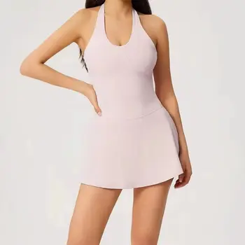 2026 NEW Short Sleeve Sports Dress Woman Female Skirts Jumpsuit With Pockets Gym Clothes Push Up Pilates Fitness Tennis Dress 1