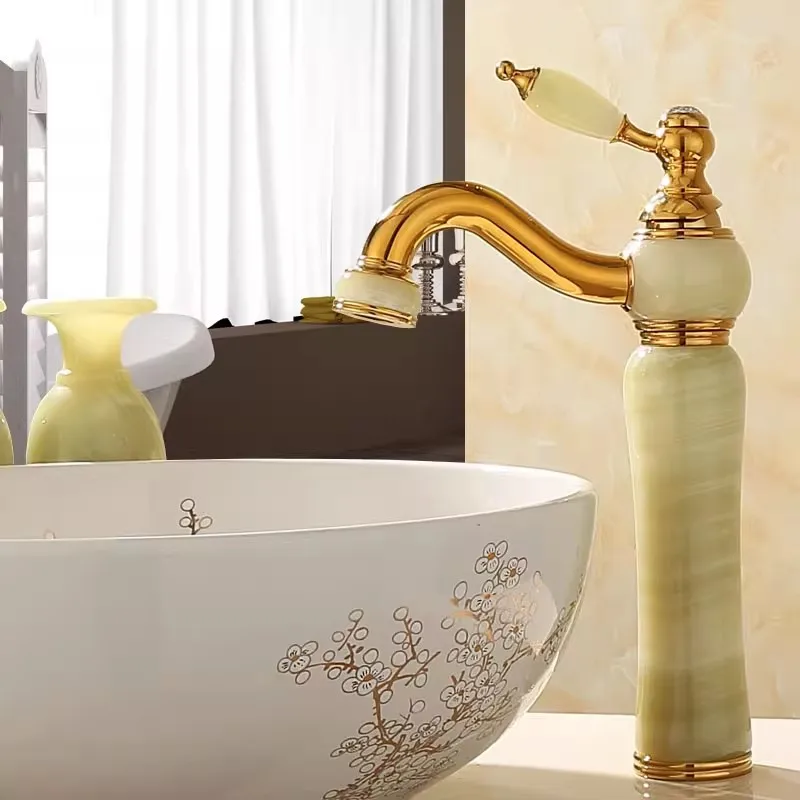 

Tuqiu Bathroom Faucet Brass Gold Jade Bathroom Basin Faucet Cold And Hot Water Mixer Sink Tap Deck Mounted Tall Tap