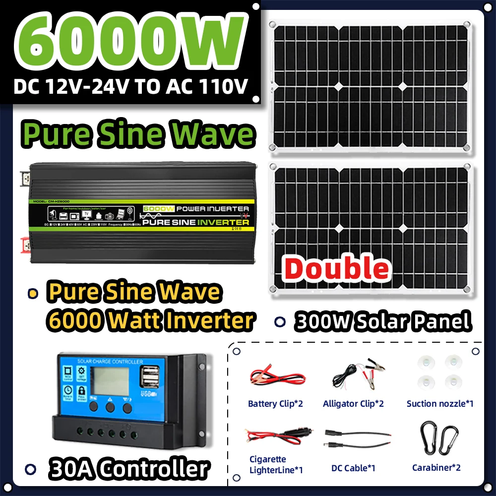 6000W Pure Sine Wave Solar Power Inverter 2*300W Solar Panel System Kit Controller Camping Battery For Home Car RV