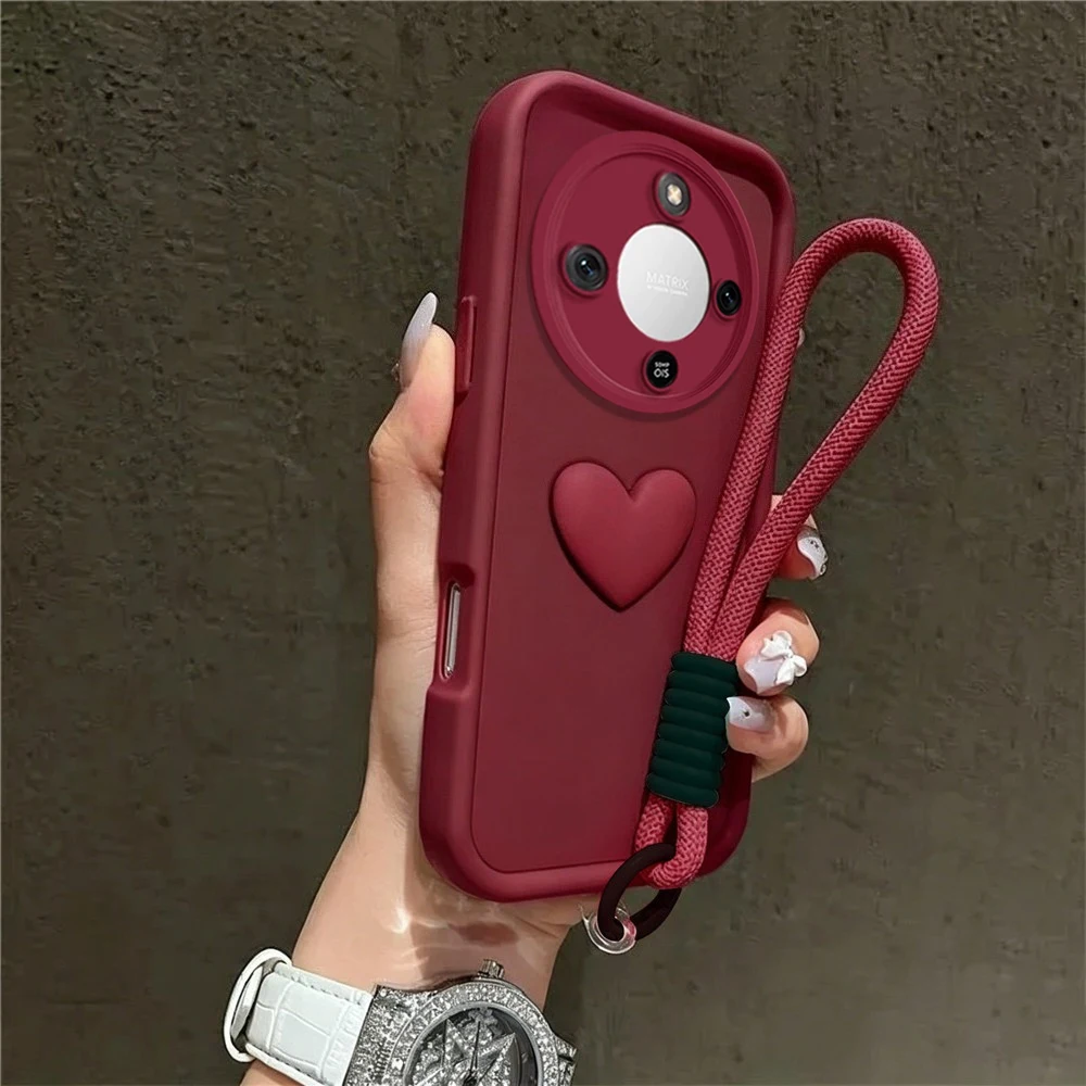 Chic 3D Love Heart Phone Case with Lanyard Wrist Strap - Matte Finish Cover