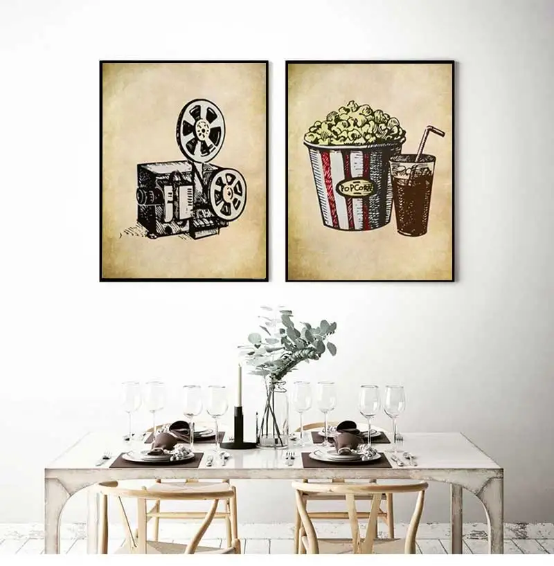 Cinema Vintage Art Canvas Painting Wall Picture Popcorn Film Clapper Poster Retro Home Decoration For Cinema Living Room