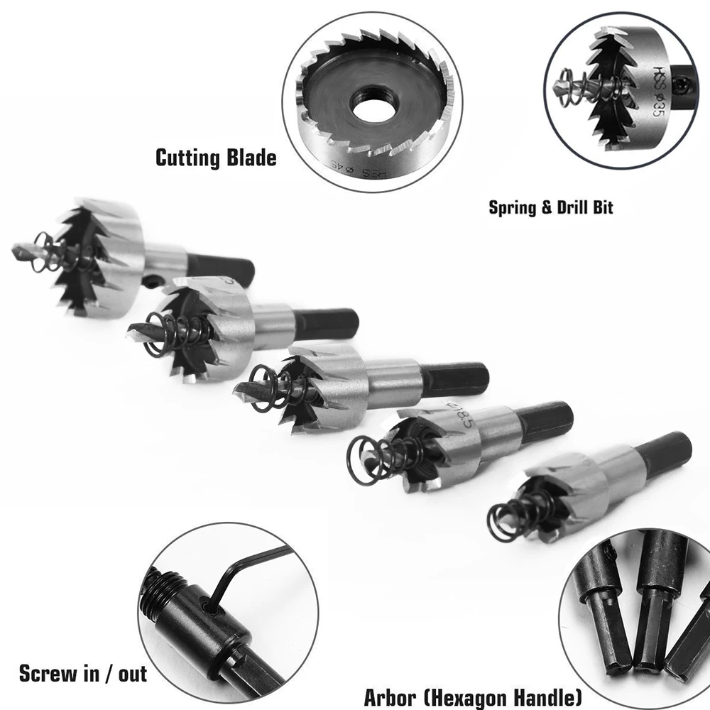 5pcs HSS Drills Bit Hole Saw Set 16/18.5/20/25/30mm Stainless Steel Metal Alloy Carbide Tip Cutter Drilling Kit Woodworking Tool