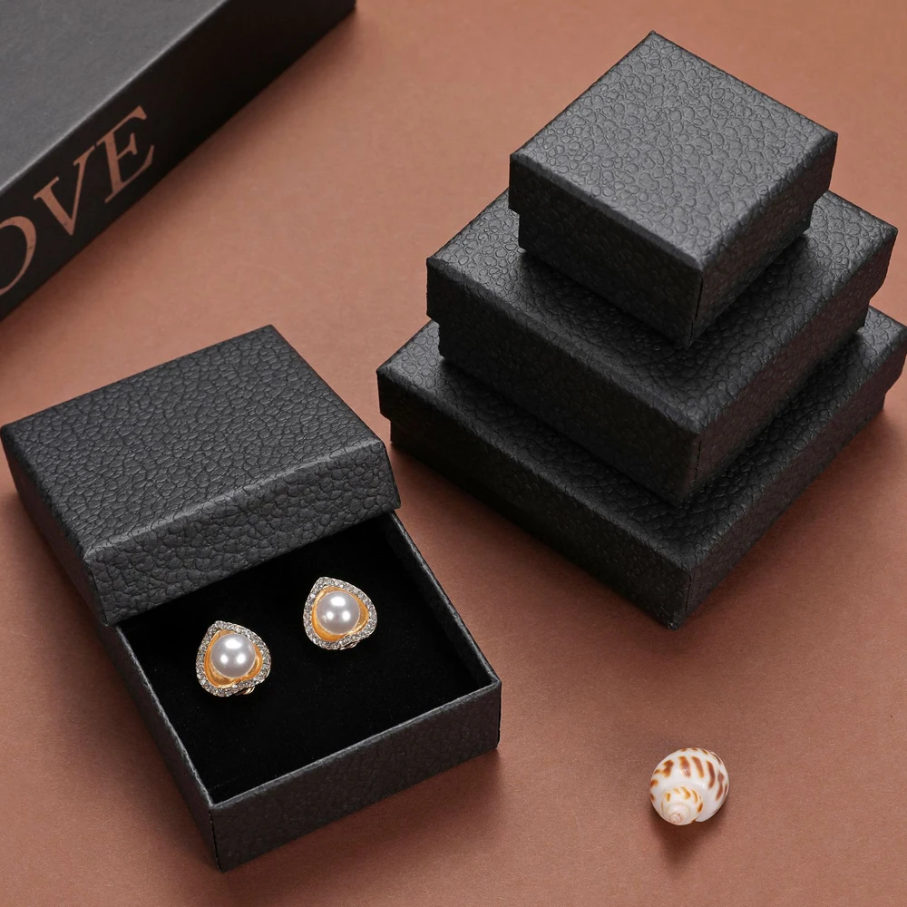 24pcs Black Litchi Stria Jewelry Box with Black Sponge Paper Cardboard Storage Packaging Perfume Ring Earring Pendant Display