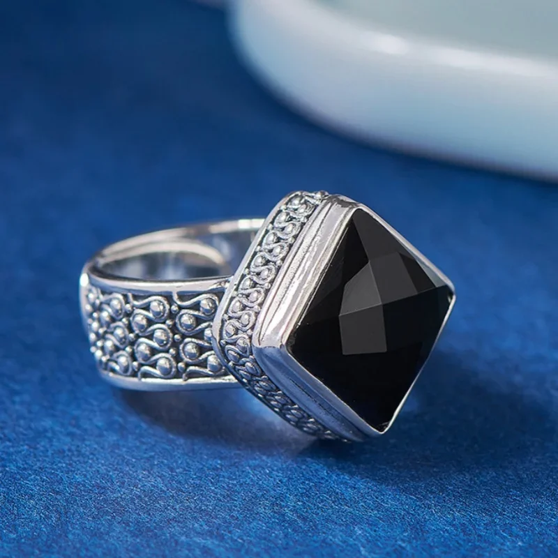 S925 sterling silver charms rings for women men new fashion palace style tangent plane black agate jewelry free shipping
