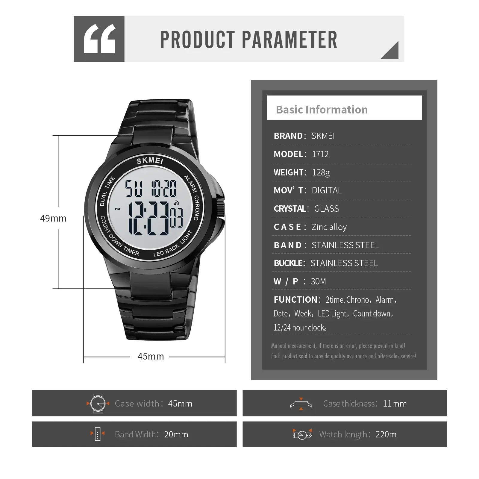 SKMEI 1712  2 Time Stopwatch Fashion LED Waterproof Watches relogio masculino Men Sport Watch Mens Digital Wristwatches 6