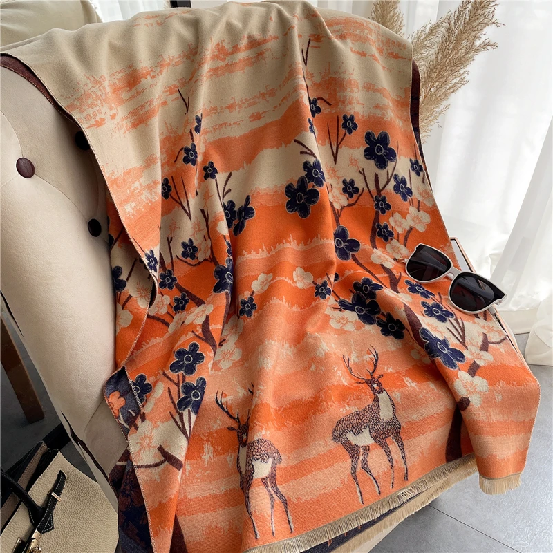 

2022 Brand Design Thick Winter Scarf Women Cashmere Warm Pashmina Double Side Foulard Lady Animal Deer Floral Shawl Wraps Stoles