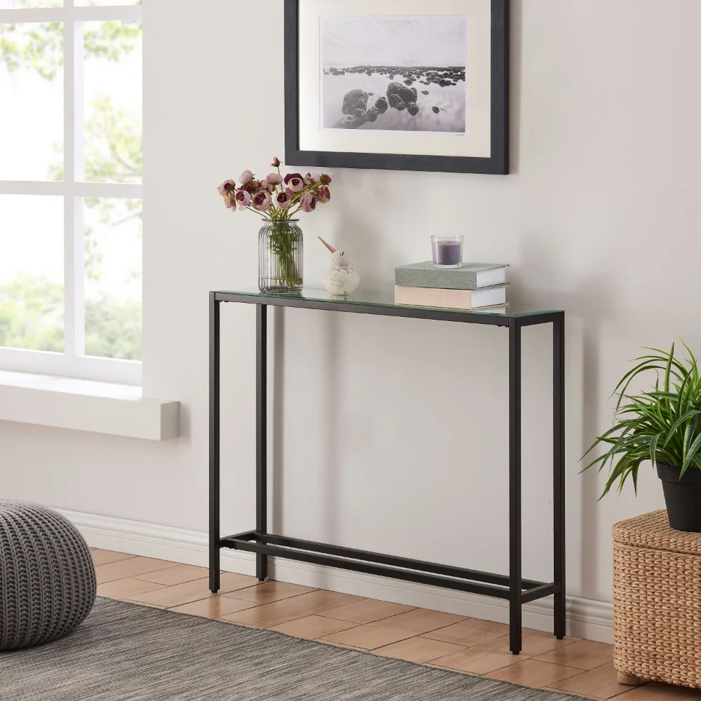 

Derkkin Narrow Mini Console Table, Transitional, Black
