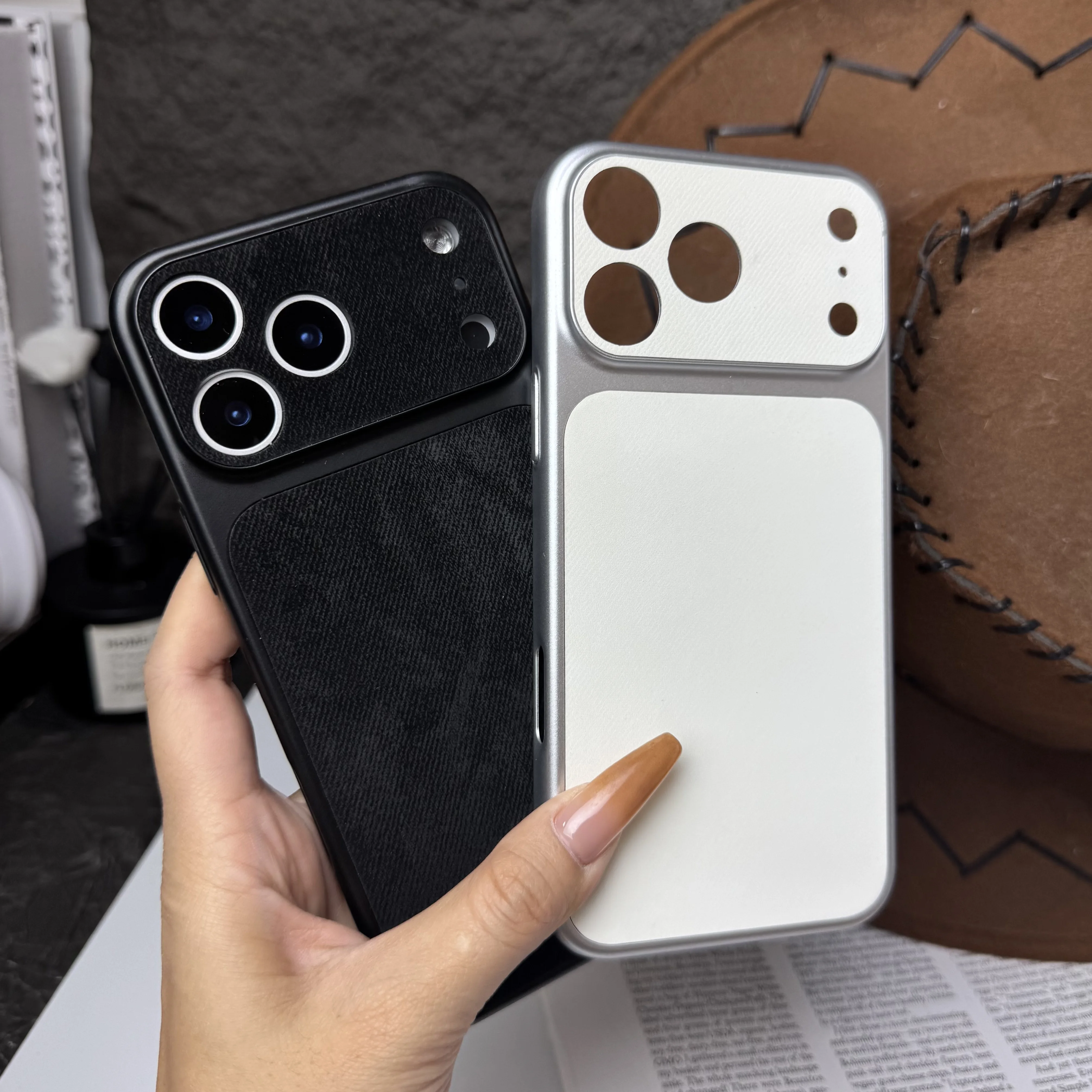 Denim Pattern Leather Phone Case with Large Window and Suede Shell
