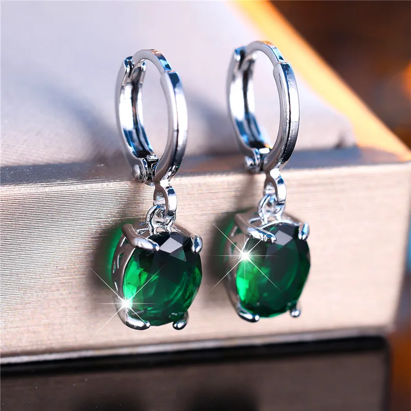 Cute Female Green Oval Zircon Stone Clip Earrings Charm Silver Color Wedding Jewelry For Women