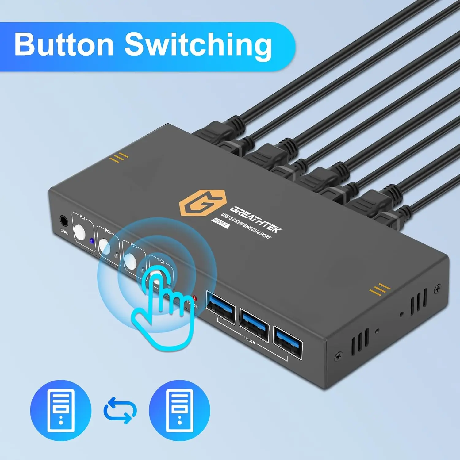 USB 3.0 KVM 스위치, HDMI 4K @ 60Hz, 4 컴퓨터 공유 1 모니터 공유 키보드 마우스 지지대 단추 스위치, 플러그 앤 플레이