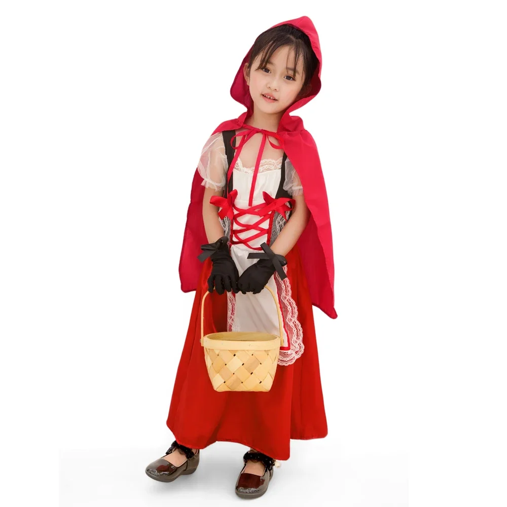 

Baby Kid Girls Little Red Riding Hooded Costume Theatre Play Cos Apron Dress Party Outfit Hooded Cloak For Primary Child 4-11T