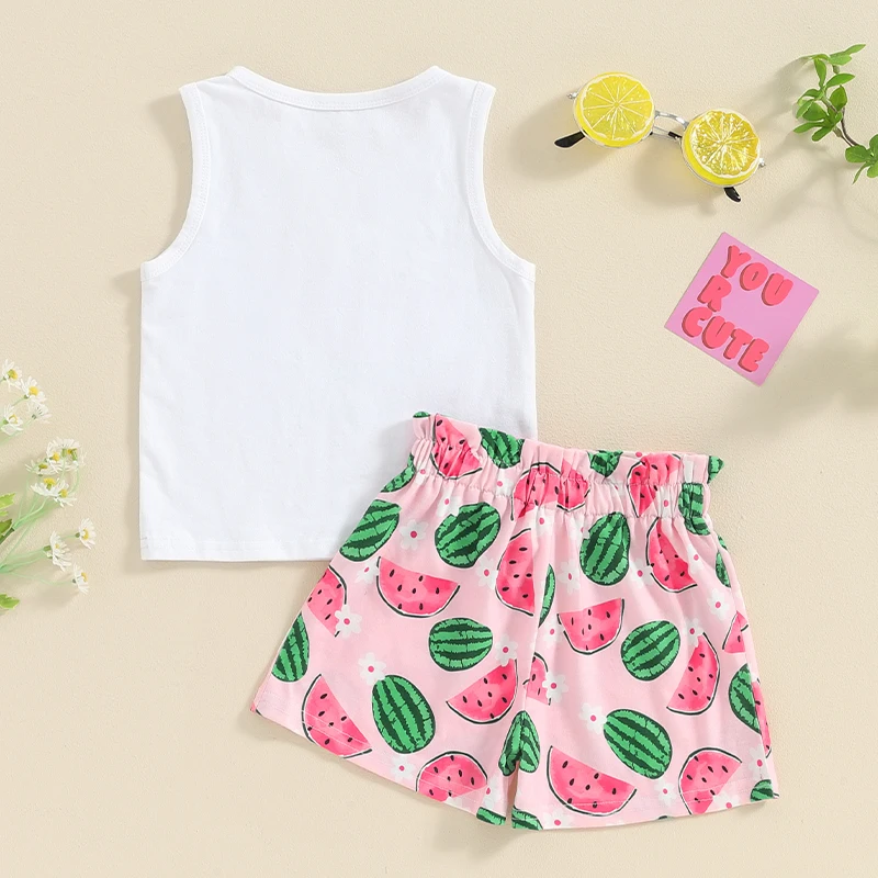 Baby Kids Girls Shorts Set Sleeveless Crew Neck Letters Print Tank Top and Flower Watermelon Shorts Summer 2-piece Outfit