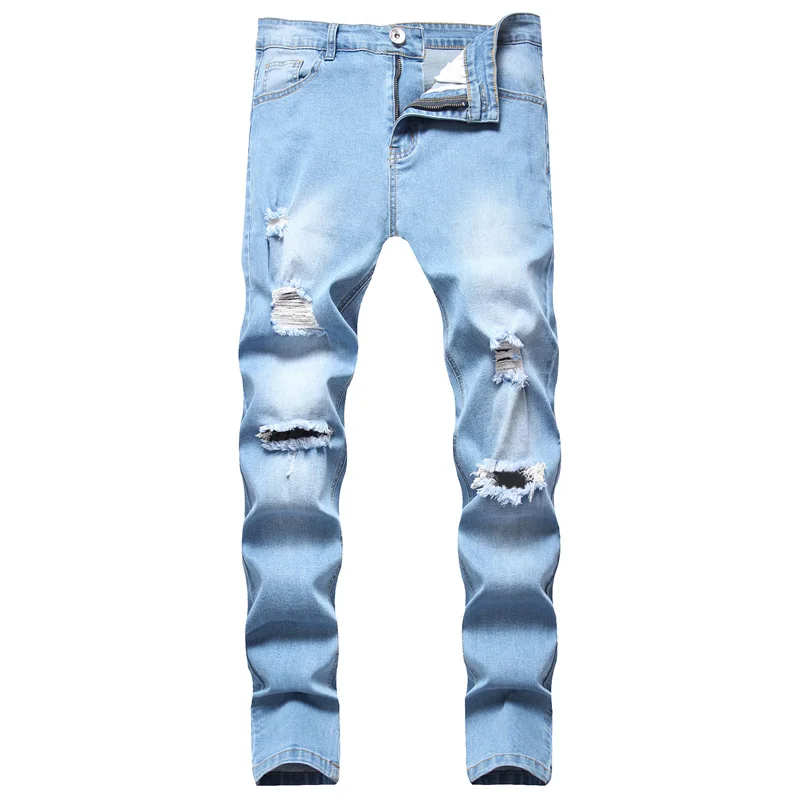 Men's Fashion Holes Skinny Jeans Pants High Street Male Ripped Distressed Casual Stretch Beggar Pencil Denim Pants