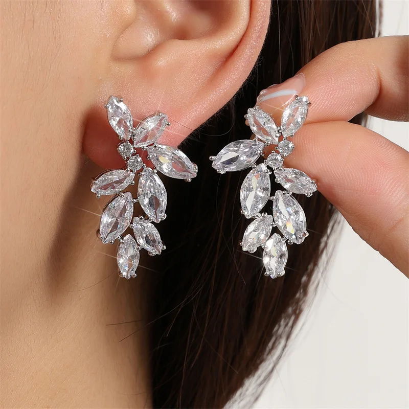 Leaf Marquise Zircon Bridal Earrings for Women White Shiny Crystal Elegant Wedding Party Jewelry Crystal Earrings
