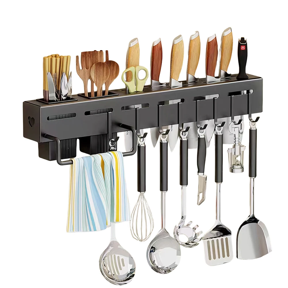 

Stainless Steel Knife Holder, Multi-function Storage Rack with Hooks, Wall-mounted Kitchen Organizer, Knife Shelf Accessories