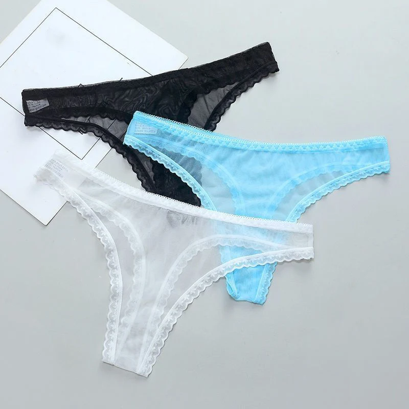 We.Fine 1-2 Pcs Sexy Lace Transparent Thong Low-rise Panties Women See  Through Crotch Mesh Bottom Seamless T-pants Underwear