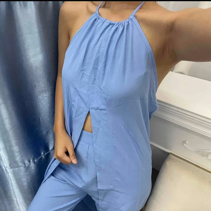2024 Summer Fall Fashion Casual Halter Sleeveless Sexy Halter Loose Split Dress High Waist Pant Suit Women's Two-piece Set