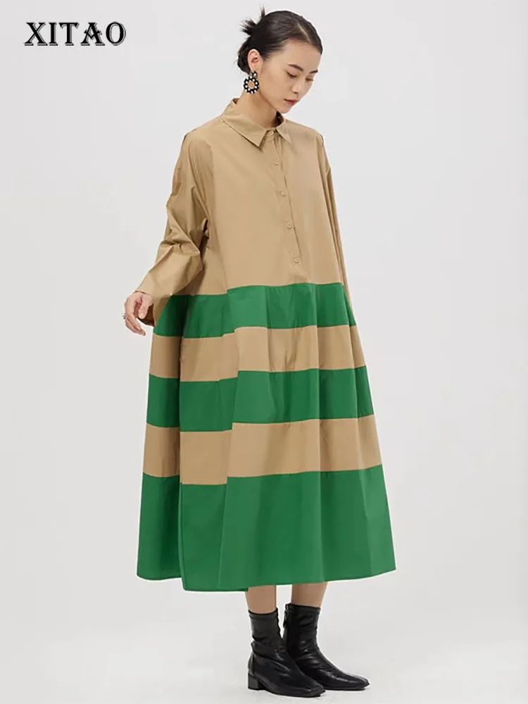 

XITAO Contrast Color Patchwork Dress Fashion Simplicity Temperament Turn-down Collar Casual Long Sleeve New Dress WMD4625