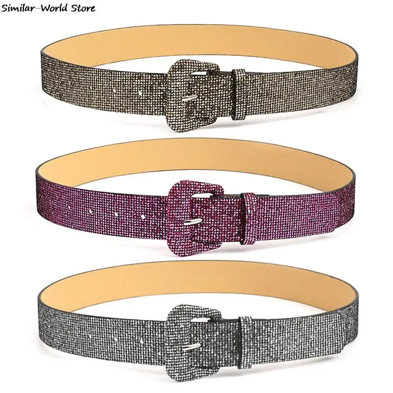 

Fashion shiny Sequins Ladies Waist Belt Square Pin Buckle Jeans Belts For Women Elastic waistbands Golden Silver Jeans Belt