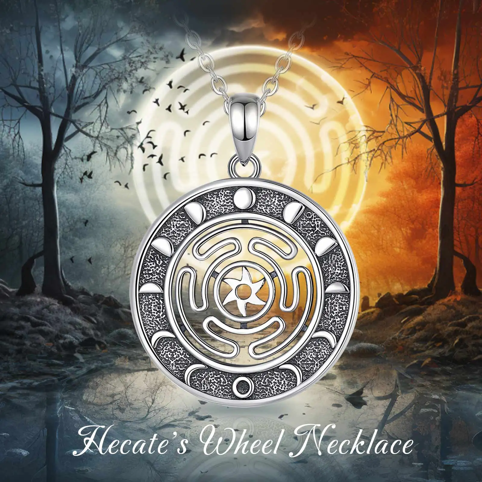 Pendant Necklace 925 Sterling Silver Hekate Wheel Vintage Moon Phases Triple Goddess Amulet